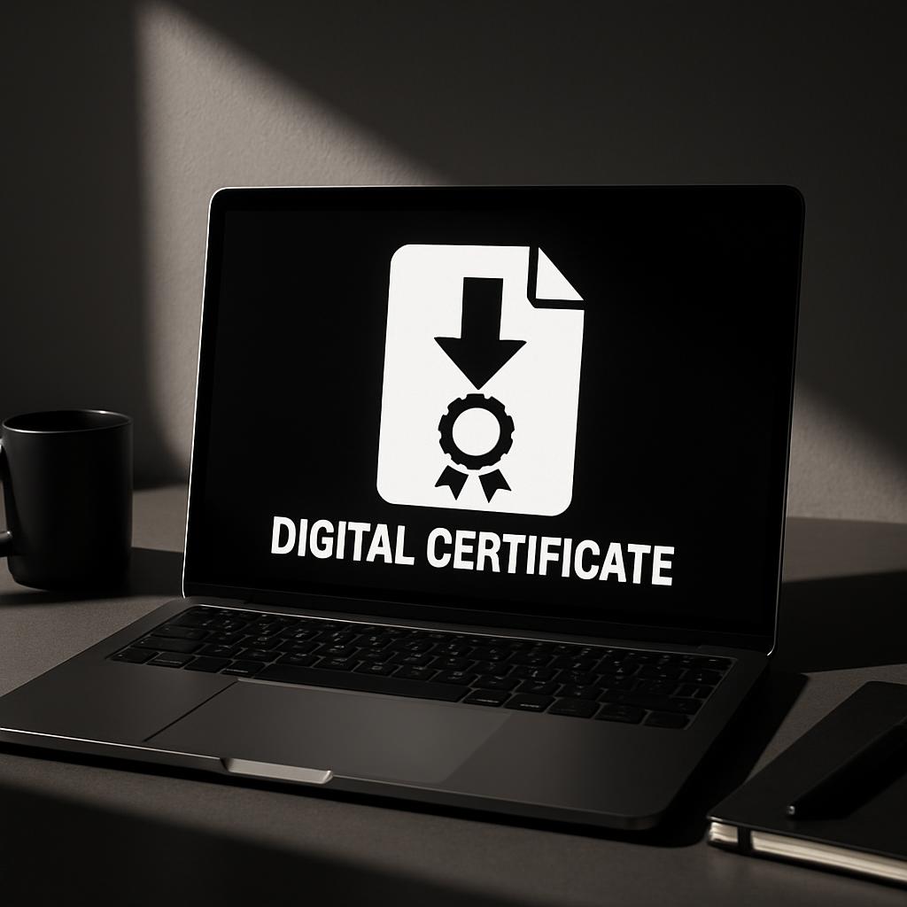 A digital certificate displayed on a laptop screen, symbolizing secure online authentication and verification.