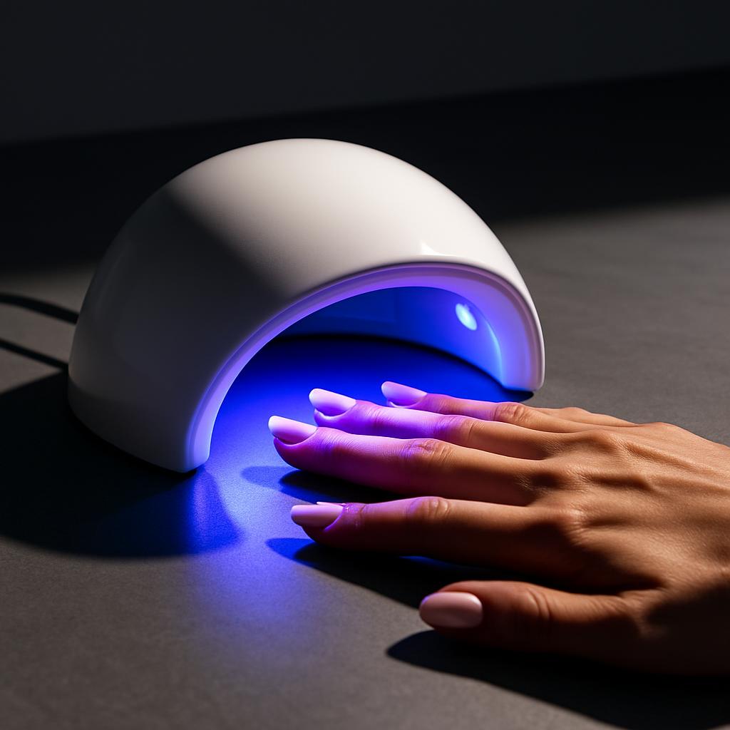 alttext: gel nail curing lamp with LEDs and hand under exposure.